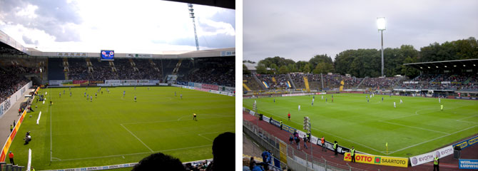 Die Stadien in Rostock (l.) und Saarbrücken (Bilder: M.Kneifl) Die Stadien in Rostock (l.) und Saarbrücken (Bilder: M.Kneifl)